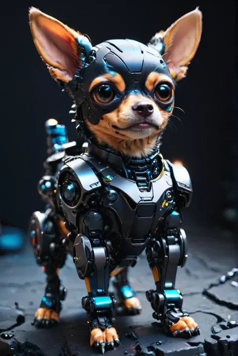 a robot chihuahua with mechanic eyes,<lora:IOS_Iridescent_opal_style:1>,ultra realistic 8k cg, flawless, clean, masterpiece,OverallDetail,<lora:epi_noiseoffset2:1>, <lora:WildcardX-XL-Detail-Enhancer:1.5>,black matte angular armor,upper body, in all four legs