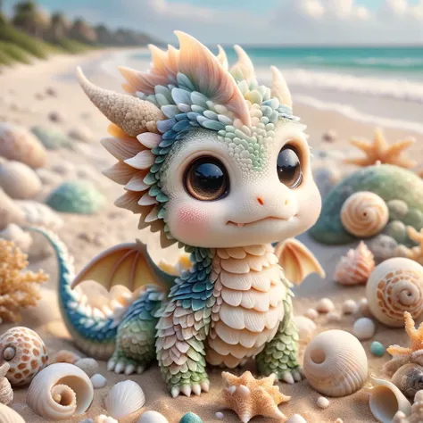 a cute ral-smoldragons dragon made of ais-shells on the beach,sharp focus,highly detailed,realistic,lifelike,studio photo,highly detailed,dynamic,cinematic,masterpiece,intricate,hdr,abstract fractal