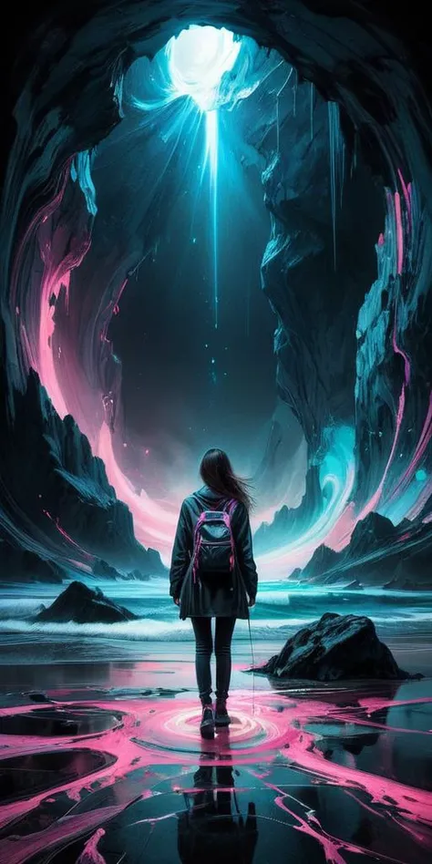 Detailed complex chaotic seascape black and pink light inside a transparent marble floor ward reach horizon, woman walking to beyond from behind, UV-reactive, black light art concept by Waterhouse, Carne Griffiths, Minjae Lee, Ana Paula Hoppe, Stylized florescent art, Intricate, Complex contrast, HDR,<lora:sdxl_glass:1>, <lora:Painted World:0.4>,<lora:Colorful_Marbled_Paper_SDXL:1>,OverallDetail,earth,stormy landscape on a dark abysmal cave