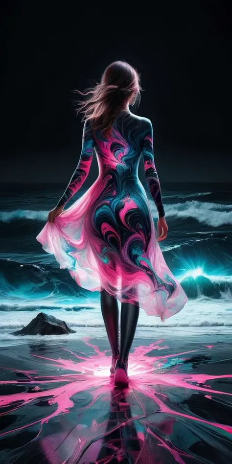Detailed complex chaotic seascape black and pink light inside a transparent marble floor ward reach horizon, woman walking to beyond from behind, UV-reactive, black light art concept by Waterhouse, Carne Griffiths, Minjae Lee, Ana Paula Hoppe, Stylized florescent art, Intricate, Complex contrast, HDR,<lora:sdxl_glass:1>, <lora:Painted World:0.4>,<lora:Colorful_Marbled_Paper_SDXL:1>,OverallDetail,earth,stormy landscape on a dark abysmal place