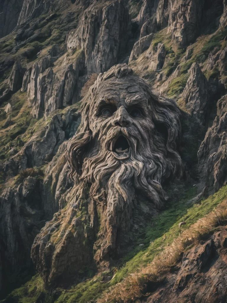 surreal, a strange looking mountain that has a weird chiseled rocky beard and a chiseled rocky mustache uncanny, deep shadows, random noise, (landscape focus:1.1), <lora:- SDXL - brdanmu_ beard_mustache_hair_V2.0:.6>,