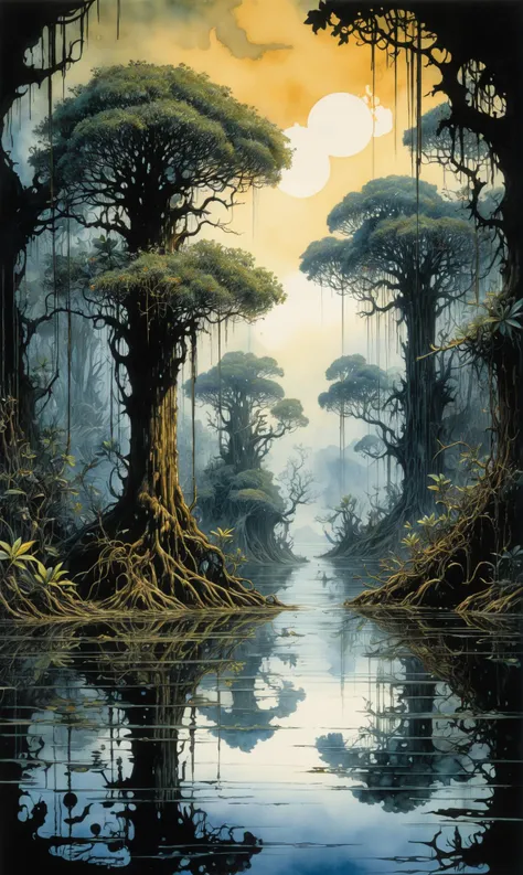 Pirate bay. Dark mangrove with reflections on the water. By Michael William Kaluta and Rodney Matthews. Dynamic composition. Watercolor painting with ink accents, ultra detailed, ultra quality, color depth, Perfect Composition. Intricate background. Maximalist hyperdetailed splash screen. Ink accents. detailing watercolor wet wash, vivid color reflections, soft colors, aquarelle wet on dry. Water reflections<lora:xl_more_art-full_v1:0.3>