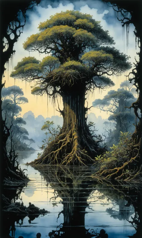 Pirate bay. Dark mangrove with reflections on the water. By Michael William Kaluta and Rodney Matthews. Dynamic composition. Watercolor painting with ink accents, ultra detailed, ultra quality, color depth, Perfect Composition. Intricate background. Maximalist hyperdetailed splash screen. Ink accents. detailing watercolor wet wash, vivid color reflections, soft colors, aquarelle wet on dry. Water reflections<lora:xl_more_art-full_v1:0.3>