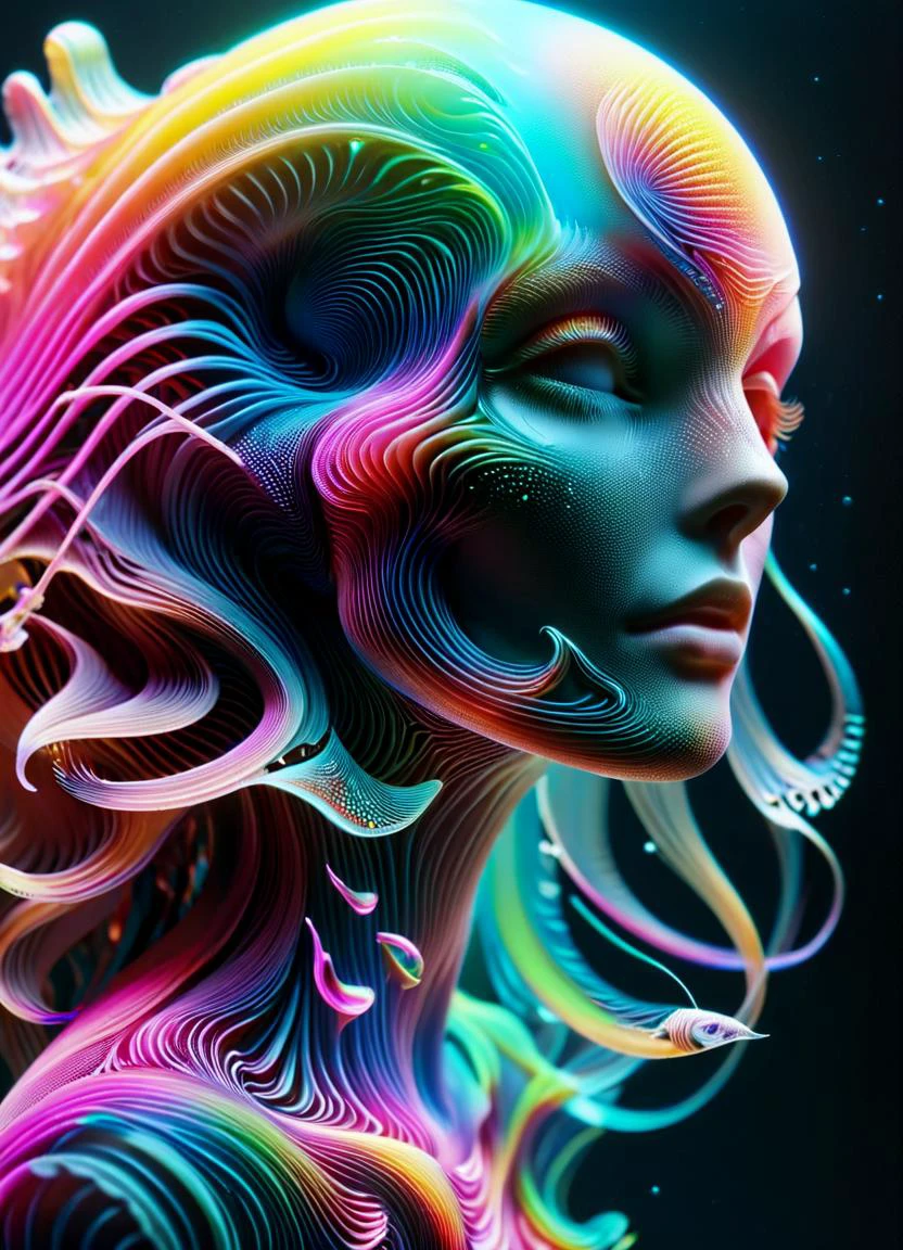 Goddess close-up portrait, jellyfish, nautilus, orchid, skull, beta fish, bioluminescent creatures, intricate artwork <lora:MJ52_XL:0.6> <lora:ral-czmcrnbw-sdxl:0.4> ral-czmcrnbw <lora:GigerRainbowXL:0.8> g1h3r <lora:ral-3dwvz-sdxl:0.8> ral-3dwvz, subsurface scattering, Photorealistic, Hyperrealistic, analog style, realistic, film photography, soft lighting, heavy shadow, Ombre color scheme of neon pink, neon blue, neon yellow, neon green,