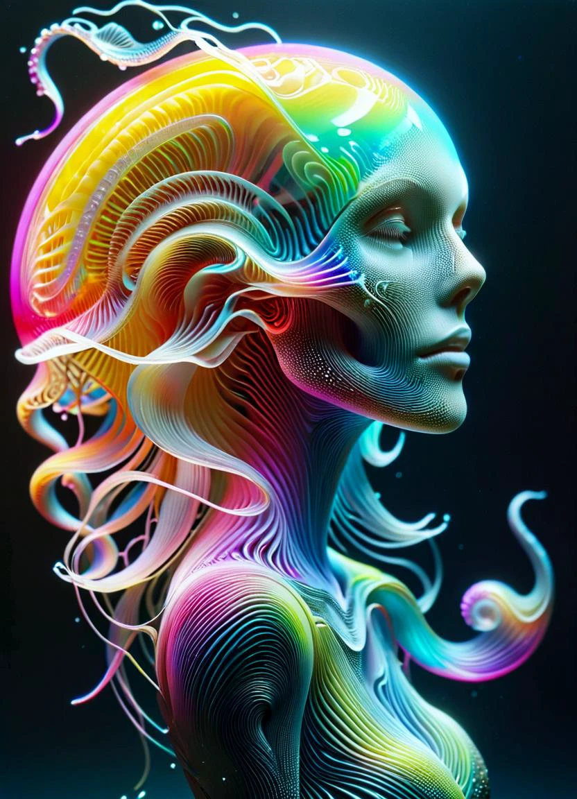 Goddess close-up portrait, jellyfish, nautilus, orchid, skull, beta fish, bioluminescent creatures, intricate artwork <lora:MJ52_XL:0.6> <lora:ral-czmcrnbw-sdxl:0.4> ral-czmcrnbw <lora:GigerRainbowXL:0.8> g1h3r <lora:ral-3dwvz-sdxl:0.8> ral-3dwvz, subsurface scattering, Photorealistic, Hyperrealistic, analog style, realistic, film photography, soft lighting, heavy shadow, Ombre color scheme of neon pink, neon blue, neon yellow, neon green,
