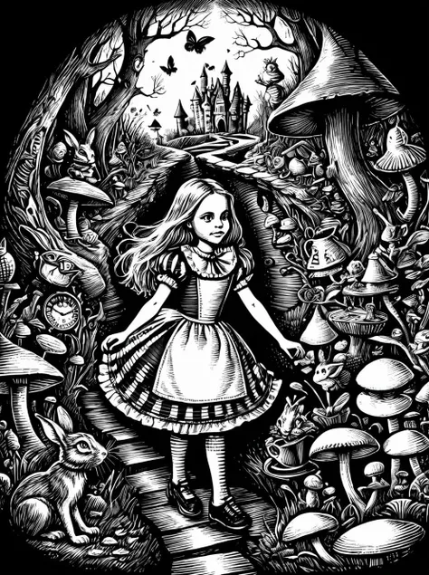 Alice in Wonderland, detailed, <lora:Wizards_Scratchboard_Illustration:0.75> Scratchboard illustration