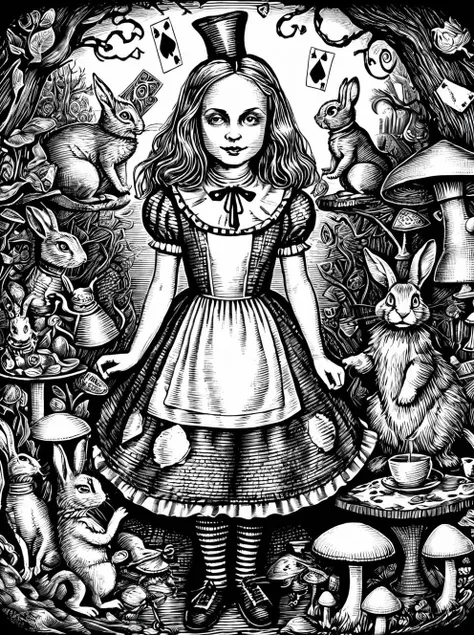 Alice in Wonderland, detailed, <lora:Wizards_Scratchboard_Illustration:0.75> Scratchboard illustration
