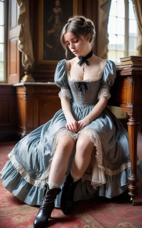 a cute young lady showing her Ankle, dressed in a beautiful Victorian long dress in a palace, looking down, pull up her dress,foot over a desk, sit, short boots, Victorian underwear, OverallDetail,long exposure , dystopian but extremely beautiful:1.4) ,<lora:add-detail-xl:1> , <lora:xl_more_art-full_v1:0.5>, (close up)
