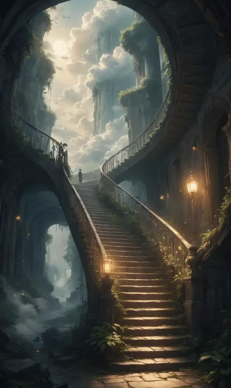Dreamyvibes artstyle, A surreal depiction of the quest for equality, represented by a vast, ((endless staircase winding through the clouds)), with diverse people climbing together toward a shining, elusive doorway at the top. The scene blends elements of fantasy and reality, with barriers along the path symbolizing various social obstacles. The mood is hopeful yet challenging, with ethereal lighting and symbolic motifs scattered throughout.
<lora:Dreamyvibes artstyle SDXL - Trigger with dreamyvibes artstyle:0.8>