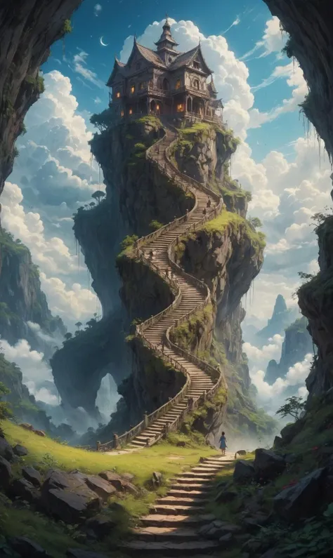 Dreamyvibes artstyle, A surreal depiction of the quest for equality, represented by a vast, endless staircase winding through the clouds, with diverse people climbing together toward a shining, elusive doorway at the top. The scene blends elements of fantasy and reality, with barriers along the path symbolizing various social obstacles. The mood is hopeful yet challenging, with ethereal lighting and symbolic motifs scattered throughout.
<lora:Dreamyvibes artstyle SDXL - Trigger with dreamyvibes artstyle:1.0>