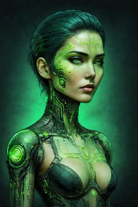 woman , android, cyberpunk, glowing neon_green outlines, watercolor <lora:ParchartXL-2.0:1.2> on parchment <lora:Double_Exposure:0.8> double exposure, black background <lora:Neon_Cyberpunk_SDXL_-_Cyberspace:0.6> mad-cyberspace,, (masterpiece:1.2), best quality, (hyperdetailed, highest detailed:1.2), high resolution textures, <lora:EnvyBetterHiresFixXL01:1>