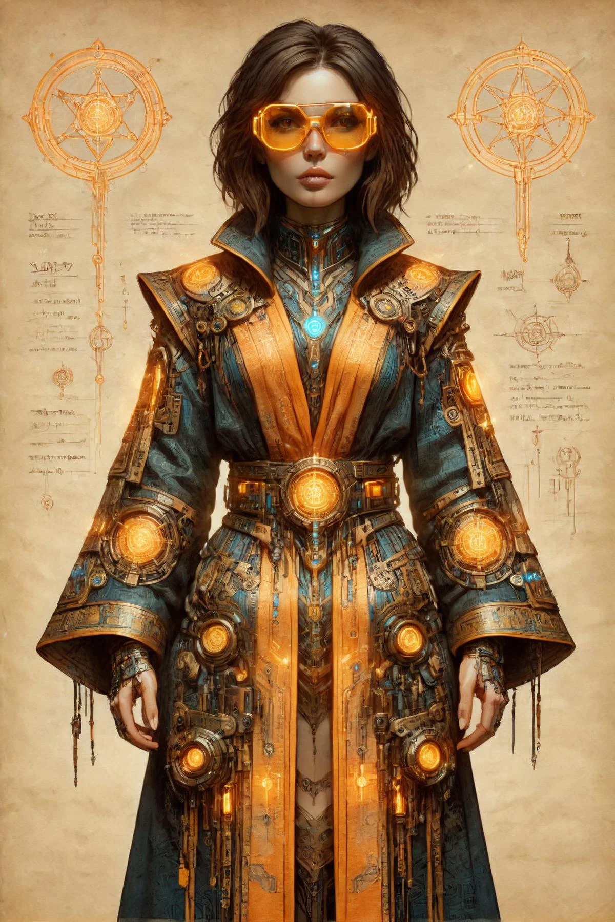 woman,hermeticwizard, ornated robe, floating glyphs, googles, cyberpunk, glowing neon_orange outlines, watercolor <lora:ParchartXL-2.0:1.2> on parchment <lora:Neon_Cyberpunk_SDXL_-_Cyberspace:0.6> mad-cyberspace, <lora:Cyberpunk_Techno-Mages_SDXL:1>, (masterpiece:1.2), best quality, (hyperdetailed, highest detailed:1.2), high resolution textures, <lora:EnvyBetterHiresFixXL01:1>