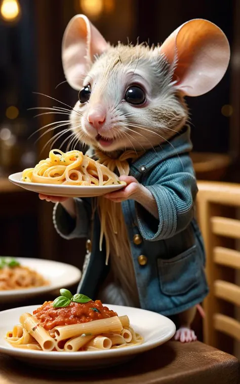 cute little slim hairless mouse stealing a dish of pasta rigatoni, restaurant, OverallDetail, extremely detailed, UHD,(long exposure , dystopian but extremely beautiful:1.4), <lora:add-detail-xl:1> , <lora:xl_more_art-full_v1:0.5>, <lora:Dreamyvibes artstyle SDXL - Trigger with dreamyvibes artstyle:1>,from upside,wearing a ragged patched coat