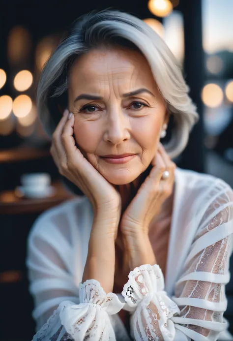 a professional glamour minimalist style photo of the elderly woman, overcome with sorrow, covers her face.her hands clutching her cheeks. Photorealistic, Hyperrealistic, Hyperdetailed, film noir, analog style, hip cocked, demure, low cut, black lace, detailed skin, pores, smirk, smiling eyes, matte skin, outdoor cafe, masterpiece, best quality, photograph, face focus, sharp focus, photography, photorealism, photorealistic, soft focus, volumetric light, simple, clean, uncluttered, modern, elegant, high quality, soft cinematic light, dramatic atmosphere, atmospheric perspective, raytracing, subsurface scattering,