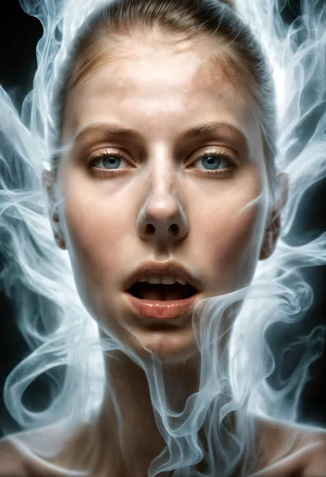hyperrealistic glamour portrait of a young woman surrounded by ectoplasm magic, freckles, skin pores, pores, velus hair, macro, extreme details,