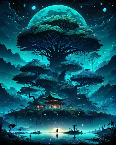 anime artwork Surrealist art landscape of a Cyan [Lilongwe:Wetlands:5], flora, Stars in the sky, side lit, dark black neon hue, contest winner . Dreamlike, mysterious, provocative, symbolic, intricate, detailed . anime style, key visual, vibrant, studio anime,  highly detailed