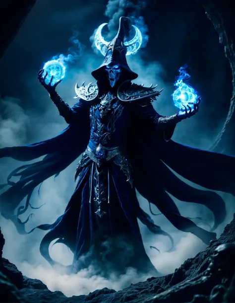 close-up of eldritch lich from side in action pose surrounded by void magic looking at viewer, (intricate details), (****), eldritch, (nightmare), insane, horror \(theme\), glow, glowing eyes, death, bones, blue magic smoke, toxic, glowing eyes, volumetric lighting, unique pose, dynamic pose, dutch angle,