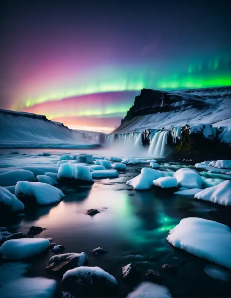 prize winning landscape photography of iceland at night with wildwater intersecting the magical landscape and the northern lights dancing in the sky reflected in the water, a very serene scene unlike any other, dark but beautiful, photorealistic, scenery,absurdres,hyper realistic lifelike texture dramatic lighting unrealengine trending on artstation,award winning photo,nikon RAW photo,8k,masterpiece,no humans, ,cold, winter, mountain, fog, lut, cinematic, dimmed colors, dark shot, muted colors, film grain, ice,iceland,aurora, Fujifilm XT3, with a (bokeh effect:1.3),