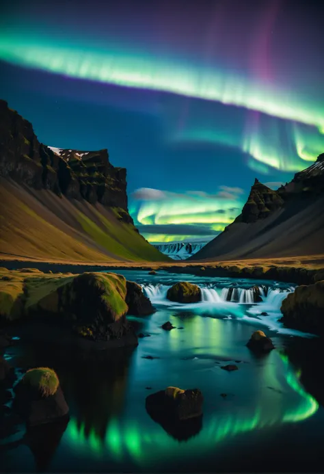 prize winning landscape photography of iceland at night with wildwater intersecting the magical landscape and the northern lights dancing in the sky reflected in the water, a very serene scene unlike any other, dark but beautiful, masterpiece, best quality, (intricate details), (****), eldritch, glow, glowing eyes, volumetric lighting, unique pose, dynamic pose, dutch angle, 35mm, anamorphic, lightroom, cinematography, film grain, HDR10, 8k hdr, Steve McCurry, ((cinematic)), RAW, color graded portra 400 film, remarkable color,