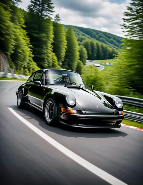 Product photograph of a classic black porsche car racing on a banked turn of the Nordschleife Nürburgring, masterpiece, best quality, dslr, 8k, 4k, ultrarealistic, realistic, raytracing, subsurface scattering, film grain, motion, motion blur, low shutter speed,