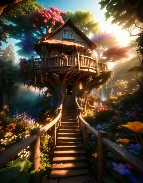 award winning photo of a tree house nestled in a dense forest, reminiscent of a magical fairyland. The tree house is built around a massive, ancient tree and is adorned with vibrant, colorful flowers and foliage. Fairy lights twinkle around the structure, and a tiny wooden bridge leads to the entrance, cinematic still, movie screencap, dynamic angle, 100mm f/2.8 macro lens, dreamlike, photography, photorealism, photorealistic, soft focus, volumetric light, soft cinematic light, dramatic atmosphere, atmospheric perspective,