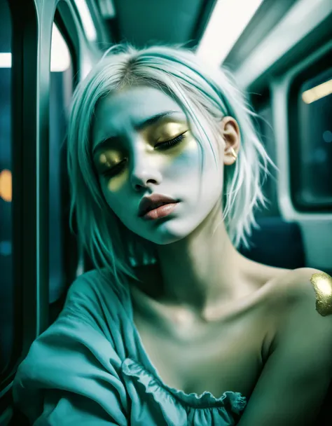 candid snapshot of a young alien girl with (aqua-coloured skin and with golden dust:1.2) and with white hair as a tired party girl asleep on a night train with her head leaning against the window after a night of partying in japan, highly detailed, award winning photo,(polaroid style:0.6), (cross processing:0.6)