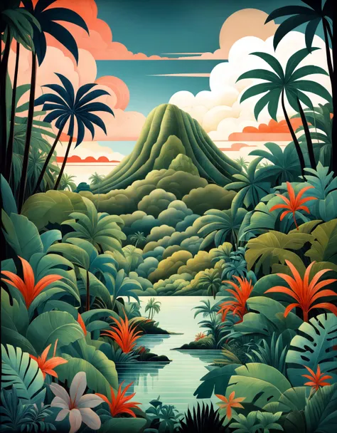ART DECO Tropical Forest, trees, hills, clouds, AURIKA PILIPONIENE IRA KENNEDY MARCI MCDONALD HOLAKANOLA MARIA SERAFINA DEBBIE CRISWELL victo ngai henri rousseau vladimir kush Arief Putra Anita Inverarity Alenka Sottler Itzchak Tarkay remedios varo