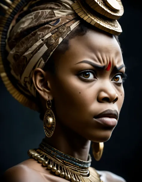 a dramatic profile portrait of an african queen looking at viewer fiercely angry, facial expression, furrowed eyebrows, open mouth, wide open eyes, profile, dreamlike, face focus, intricate details, sharp focus, photography, photorealism, photorealistic, soft focus, volumetric light, soft cinematic light, dramatic atmosphere, atmospheric perspective,