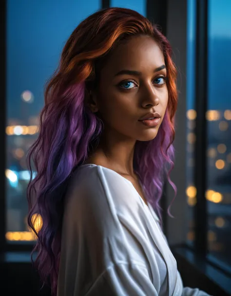 award winning photo of a beautiful young woman in a majestic penthouse at night overlooking a glamorous city, zavy-cnmtc, atmospheric haze, multicolored hair, dynamic lighting, cinematic still, dark skin, movie screencap, (freckles), contemplative, smirk, piercing blue eyes, extremely long hair, sleek hair, portrait, dynamic pose, bathrobe, sleek hair,