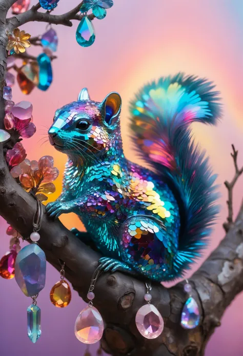 A cute picture of a rainbow iridescent squirrel sitting in a tree made out of gemstones. The image captures a heartwarming moment with a rainbow iridescent squirrel comfortably seated in a tree made entirely of shimmering gemstones. The squirrel, with its body glowing in a spectrum of colors, appears content and playful as it gazes around its dazzling surroundings. The tree, composed of various gemstones, sparkles brilliantly, each stone reflecting light in different hues. The background is a soft, pastel-colored sky, adding a serene and dreamlike quality to the scene. The overall atmosphere is whimsical and magical, evoking a sense of wonder and joy.
