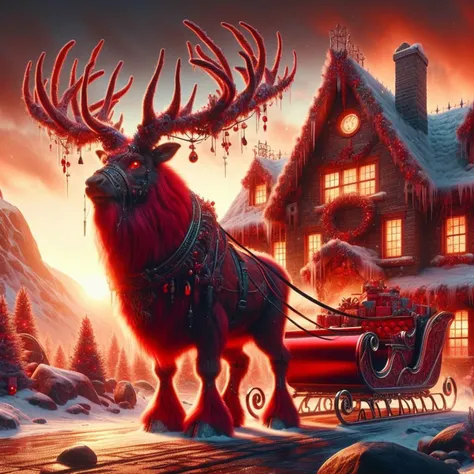 hyper-maximalism,ultradetailed photorealistic A badass raging thick red fur reindeer with sleigh waiting for santa front of the santa's house at the north pole. in the morning.,((Ultra-high quality, highest quality, high resolution)),maya render,HDR,ultra realistic natural textures,vray,