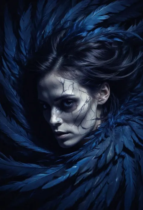 the skull is distorted by the twists and turns of a woman with dark hair, in the style of neon impressionism, dark blue and light black, photoillustration, made of feathers, expressive light and shadow, expressionist emotiveness