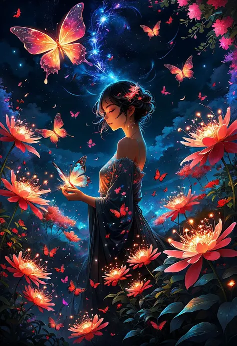 style by Yuumei,best quality,high resolution,8k very aesthetic,mesmerise celestial fireworks starry sky,floral atmosphere,vibrant godray effect on a realistic,hyperdetailed vibrant glowing petal,luminous foliage,dreamlike wonderland-garden naughty butterflies slutty inspired by Yuumei huge busy extremely detailed scene