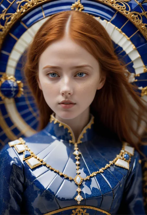 a girl made out of (Delfts blauw:1.4), cracked, shattered porcelain, deep fine cracks, kintsugi, white porcelain, delfts blauw, as seen from side, looking at viewer, face focus, freckles, redhead, masterpiece, best quality, (intricate details), (****), eldritch, glow, glowing eyes, volumetric lighting, unique pose, dynamic pose, dutch angle, 35mm, anamorphic, lightroom, cinematography, film grain, HDR10, 8k hdr, Steve McCurry, ((cinematic)), RAW, color graded portra 400 film, remarkable color, raytracing, subsurface scattering,