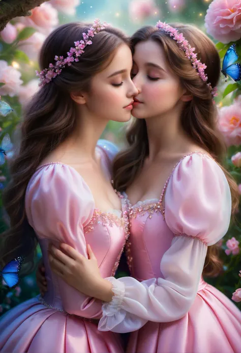 close-up of two girls kissing and hugging from below in an enchanted magical garden surrounded by glowing flowers, this photograph is sure to capture hearts with its delightful charm, masterpiece, best quality, digital painting,2girls, dreamlike, face focus, intricate details, sharp focus, unique pose, dynamic pose, trending on artstation, photography, photorealism, photorealistic, 8k, hyperrealism, soft focus, disney princess, embrace, pink dress, blue dress