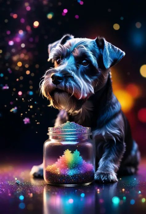 galaxy environment, Capturing A whimsical, a Miniature Schnauzer, winter spring wind rainbow a sprinkle of edible glitter in an unopenable dream magical jar, trippy, 8k, vivid, ultra detalis, colorfull lighting, surreal photography, portrait,