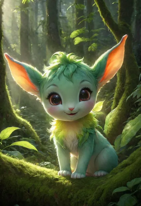 amazing quality, masterpiece, best quality, hyper detailed, ultra detailed, UHD, perfect anatomy, portrait, dof, hyper-realism, majestic, awesome, inspiring, Capture the magic of a forest dawn: an busty anime rainbow neon elfin figure, with oversized ears and delicate, translucent skin, gleefully laughing into the camera. As the morning light filters through the lush green mossy forest, tiny veins delicately trace across their face and ears, illuminated from behind. Let their joy and the enchantment of the moment shine through your lens., real, cinematic, global illumination, cinematic composition, soft shadows,