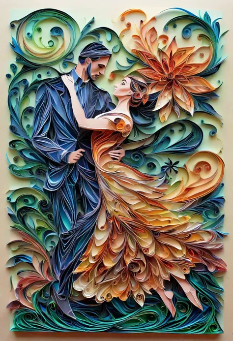 Passionate tango dancers, couple, Argentinian flowers, Artflwr, Quilling, Encaustic, Origami, Paper cutting