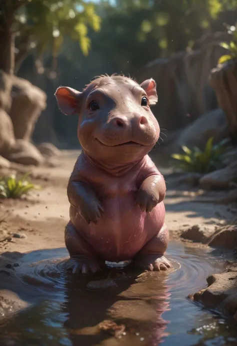 A playful baby hippopotamus, its pink skin glistening in the sunlight, splashes playfully in a muddy pool, its tiny ears flapping with joy, 8k, hyperrealistic.