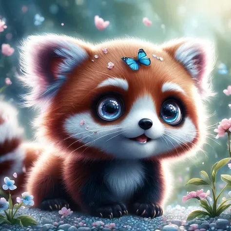 A hyper-realistic close up Portrait,
digital artwork of an adorable cute wacky baby red panda while looking curiously to a blue butterfly,
with blue,
expressive eyes. The fur of the red panda is dense and textured,
with each hair finely detailed and shimmering with tiny sparks under a dimly lit sunny day. Sakura petals fall around it,
adding to the magical,
serene atmosphere. The scene is set on a surface that resembles a garden full of colorful flowers. Cinematic film still,
shot on v-raptor XL,
film grain,
vignette,
color graded,
post-processed,
cinematic lighting,
35mm film,
live-action,
best quality,
atmospheric,
a masterpiece,
epic,
stunning,
dramatic