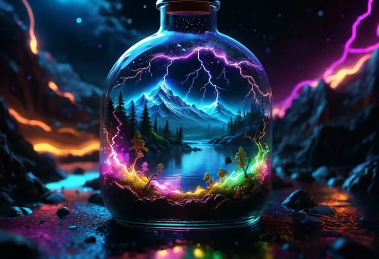 best quality,high resolution,realistic,extremely detailed,8k,crisp,vibrant detailed macro image masterpiece,glowing floating insane dream particles artistic hyperdetailed immersive galactic fantasy,huge realistic,detailed busy scene inspired cinematic, micro shot, miniature world, extreme close up inside the big magical bottle, iridescent colorful massive neon lightning strikes contained inside the bottle, detailed landscape with trees and mountains and rivers inside the bottle, there should be mist and smoke inside the bottle, intricate, blurry dark background, <lora:add-detail-xl:1>, <lora:sdxl_lightning_8step_lora:1>, <lora:detailed_notrigger:1>