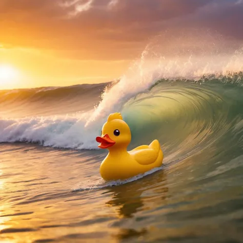 a tiny, lost rubber ducky in an action shot close-up, surfing the humongous waves, inside the tube, in the style of Kelly Slater, adding to the sense of isolation and vulnerability. The sun sets in the background, casting a warm, golden glow across the sky, with orange and pink hues illuminating the ocean's vastness.