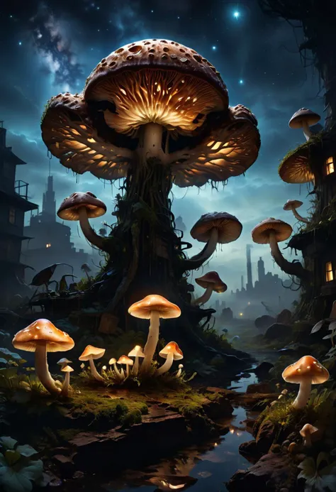 "Nocturne: Fungus of the Night" - This breathtaking artwork, reminiscent of a still from a cinematic masterpiece, showcases a contaminated ground with a glowing fungus growing over a carcass. The level of detail and realism is nothing short of astounding, thanks to the artist's masterful use of photorealistic techniques and high-resolution textures. The image is rendered in 8K quality, ensuring that every intricate detail is captured with razor-sharp clarity.
The composition is both eerie and captivating, as the fungus glows ominously against the darkened background. The artist expertly employs cinematic lighting to create a movie-like mood, with city lights, starry skies, and celestial wonders serving as a stark contrast to the foreboding scene below. The moonlit landscapes and urban glow further enhance the nocturnal beauty of the image.
Long exposure techniques are expertly used to capture the ethereal atmosphere and dramatic shadows, adding a magical ambiance to the piece. The artist skillfully guides the viewer's gaze through the image, using compelling composition and storytelling elements to convey emotion, mood, and narrative depth. Despite the morbid subject matter, the artist infuses the image with a sense of wonder and awe, inviting the viewer to marvel at the beauty of darkness and the strange wonders that can emerge from it. "Nocturne: Fungus of the Night" is a true masterpiece that showcases the artist's unparalleled skill and vision.