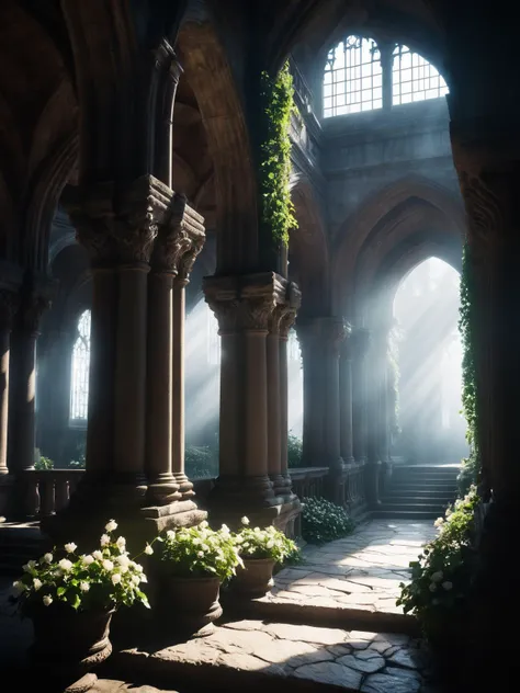 Interior of a ancient temple with a bridge, gothic architecture, mose, ivy, flowers, fog,Dave Rapoza, wide shot, cenital, hyper realistic, 4k resolution, artwork, digital art, cinematic, intrincate, wide shot, bokeh, light shaft cinematic atmosphere <lora:sd_xl_dpo_lora_v1:1> <lora:great_lighting:1> great lighting, masterpiece, best quality, ultra high res, (photorealistic, realistic:1.2), deep shadow, raw photo, film grain, Fujifilm XT3, 8k uhd, dslr