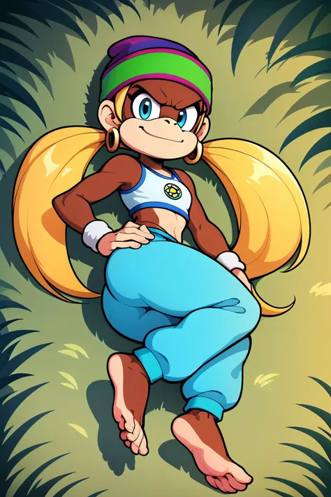 zPDXL3, <lora:CitronAnimeTreasure:.8>,<lora:Tiny_Kong_Donkey_Kong:.8>
t_kong, furry, beanie, blonde hair, twintails, blue eyes, hoop earrings, crop top, wristband, midriff, blue sweatpants, feet, looking at viewer, serious, smirk, lying, on side, on grass, jungle, hand on hip, from above,