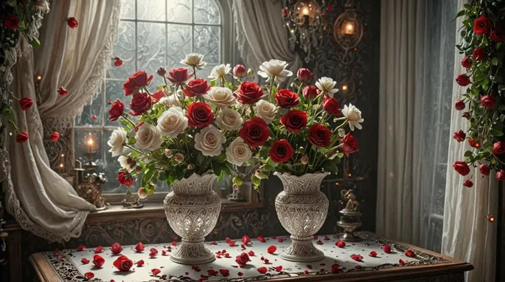 background black to gray ,RAW photo, realistic, masterpiece, photorealistic, hyperrealistic,window,(Volumetric light, light beam),roses in a vase on a table,(Red glass crystal vase) ,trending on cg society, rococo, red brown and white color scheme, stunning detailed picture, (white flowers:1.8), white and gold, maroon and white, beautiful glass work, beautiful wallpaper, white in color, wallpaper , beautiful deep colors ,8k uhd, high quality,film grain, Fujifilm XT3