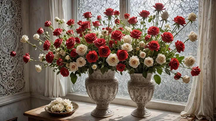 background black to gray ,RAW photo, realistic, masterpiece, photorealistic, hyperrealistic,window,(Volumetric light, light beam),roses in a vase on a table,(Red glass crystal vase) ,trending on cg society, rococo, red brown and white color scheme, stunning detailed picture, (white flowers:1.8), white and gold, maroon and white, beautiful glass work, beautiful wallpaper, white in color, wallpaper , beautiful deep colors ,8k uhd, high quality,film grain, Fujifilm XT3