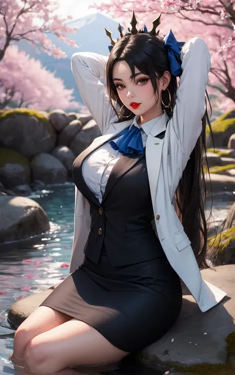 (masterpiece), (best quality), ultra high res, ultra detailed, detailed eyes, intricate, city background. seaside, cowboy shot, 1girl, looking at viewer, (clothes lift, nipples), pov hug, bbyorf, short hair with long locks, gold hairband, red eyes, gold earrings, large breasts, jewelry <lora:yor_forger_v1:0.8>, black dress, chinese clothes, cleavage cutout <lora:Special clothes33:0.75>