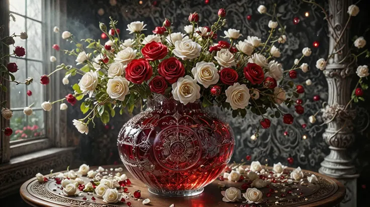 background black to gray ,RAW photo, realistic, masterpiece, photorealistic, hyperrealistic,window,(Volumetric light, light beam),roses in a vase on a table,(Red glass crystal vase) ,trending on cg society, rococo, red brown and white color scheme, stunning detailed picture, (white flowers:1.8), white and gold, maroon and white, beautiful glass work, beautiful wallpaper, white in color, wallpaper , beautiful deep colors ,8k uhd, high quality,film grain, Fujifilm XT3