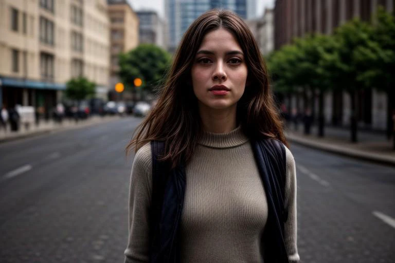 A pretty and beautiful North European young woman, happy, supermodel look, light brown hair, long wavy shiny hair, pale skin, slim eyebrows, perfect face, small nose, big blue eyes, slim red lips, big tits, nice breasts, cleavage, travelling outfir with small dress, backpack, and is walking away at historic city pedestrian path. Adventurous atmosphere, full of people. Bright lights, epiCPhoto, UnrealisticDream, <lora:pytorch_lora_weights:0.6>, <lora:picxer_real:0.4>, <lora:FilmVelvia3:0.3>, <lora:more_details:0.9>